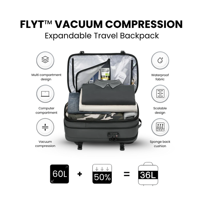 FLYT™ Vacuum Compression Expandable Travel Backpack With Pump (60L/17.3")